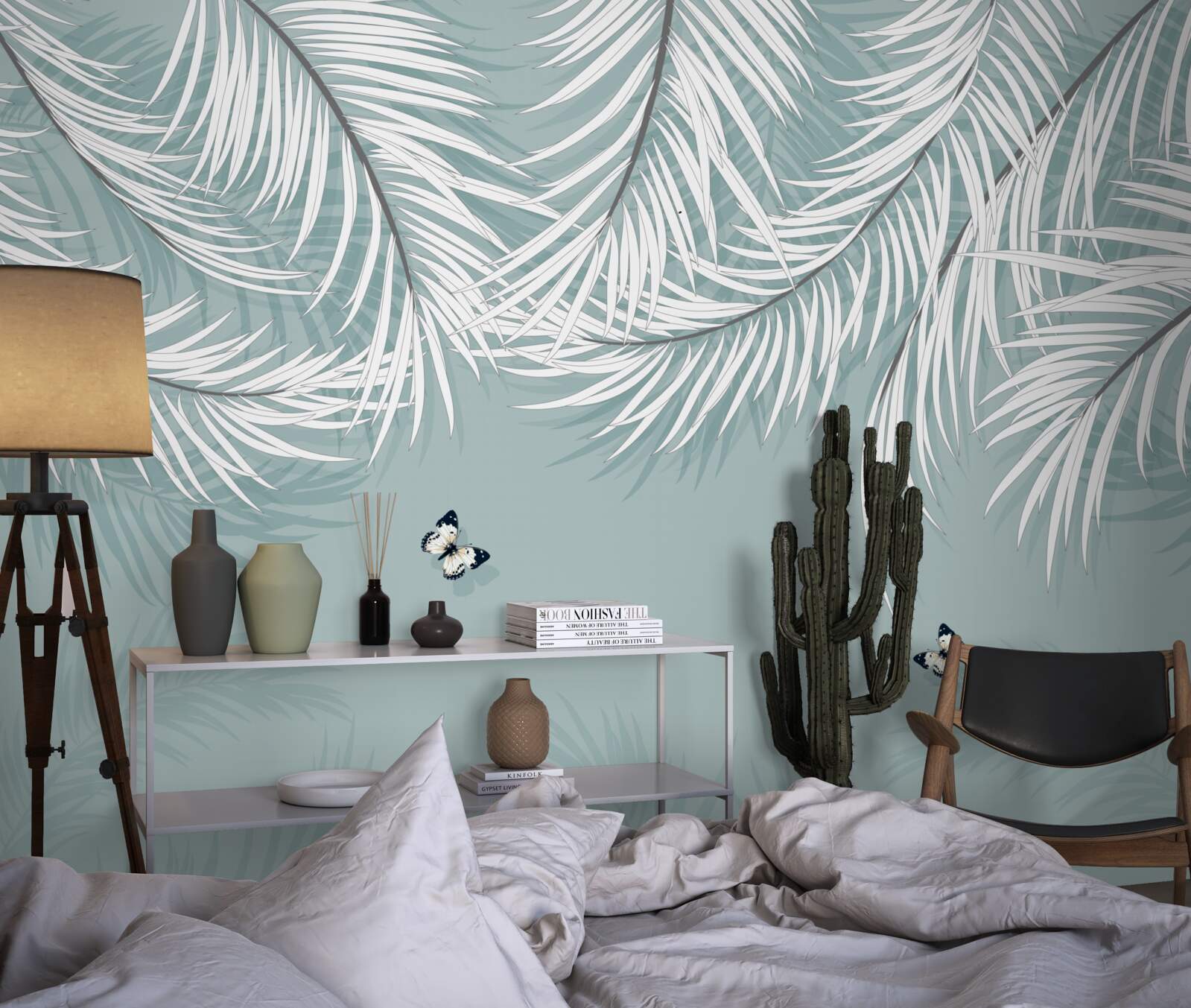 Papier peint les papillons se cachent sous les feuilles de palmier