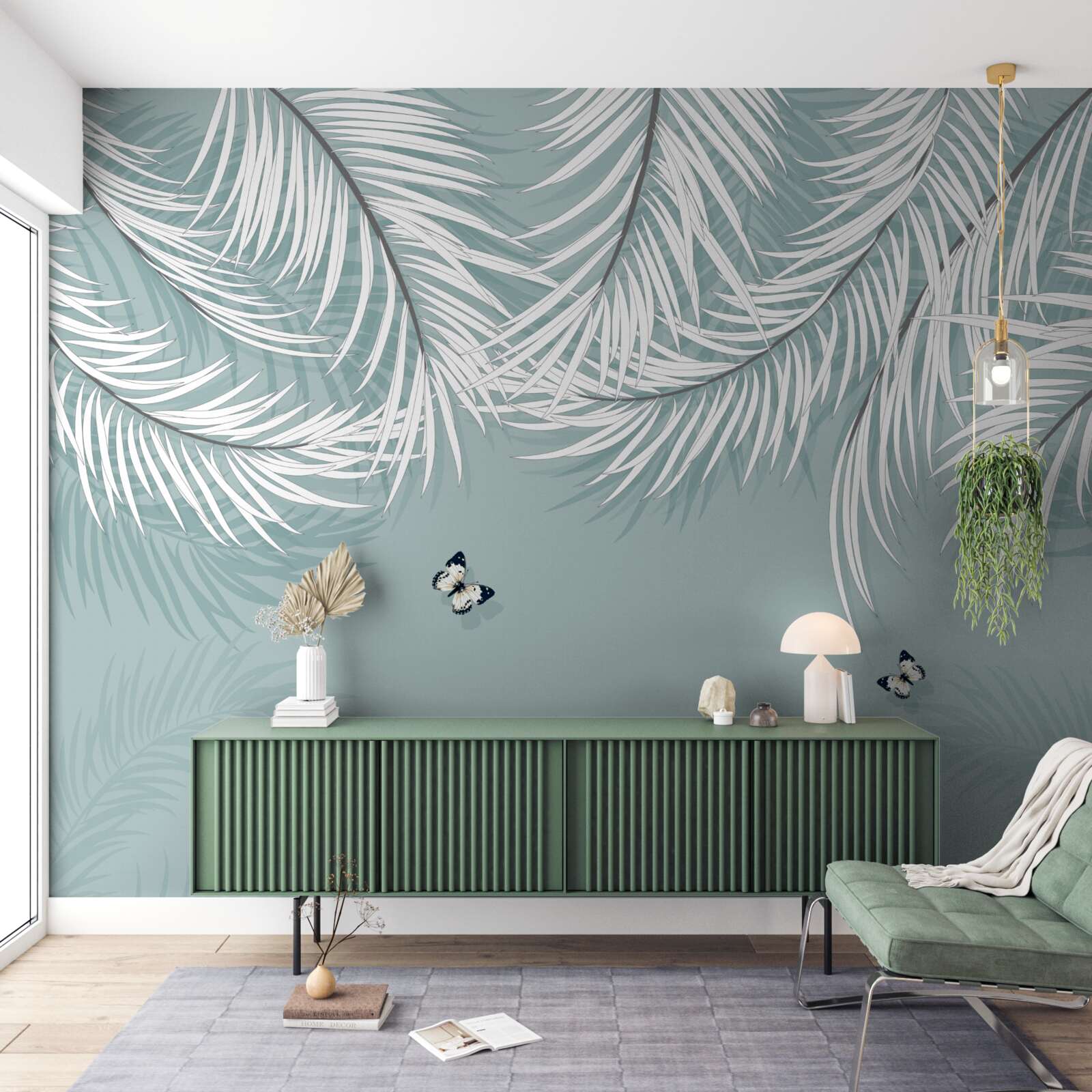 Papier peint les papillons se cachent sous les feuilles de palmier