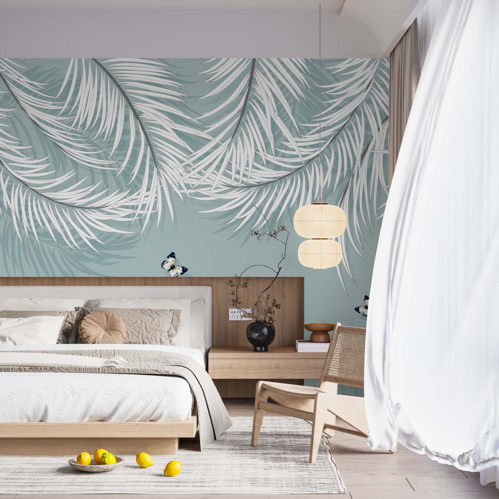 Papier peint les papillons se cachent sous les feuilles de palmier