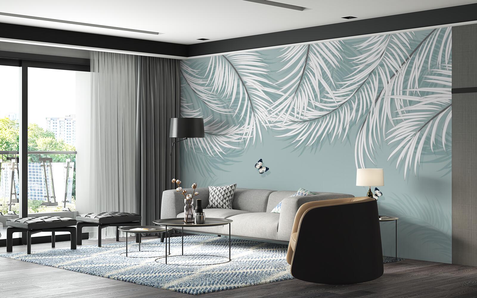 Papier peint les papillons se cachent sous les feuilles de palmier