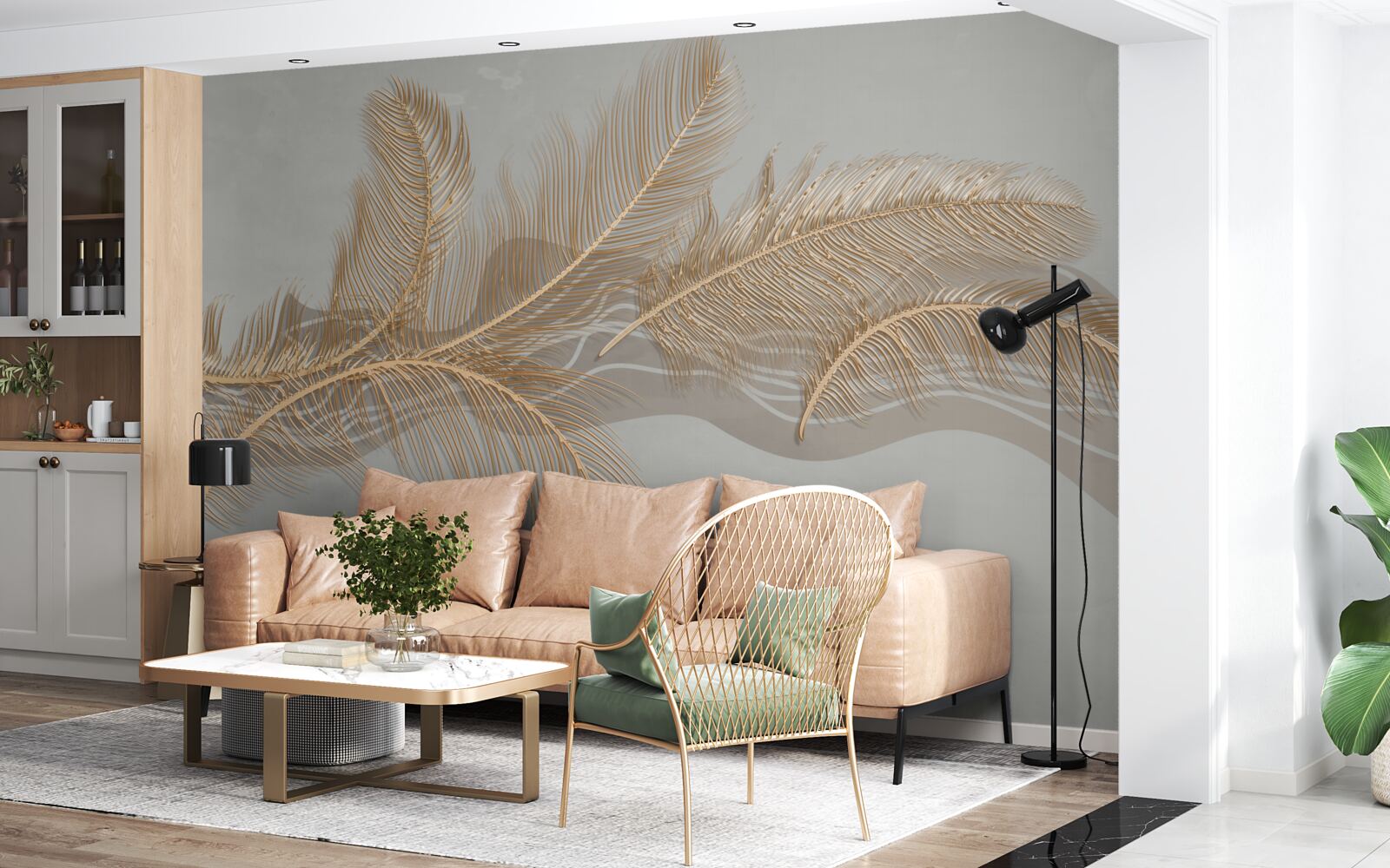 Papier peint feuilles dorées des palmiers tropicaux