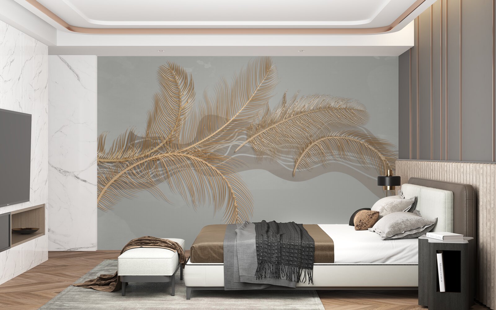 Papier peint feuilles dorées des palmiers tropicaux