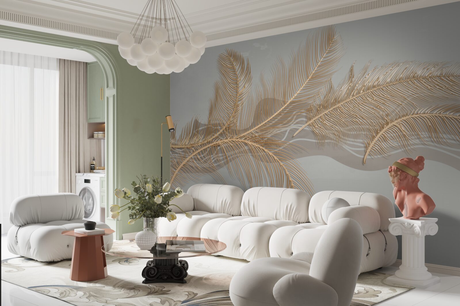 Papier peint feuilles dorées des palmiers tropicaux