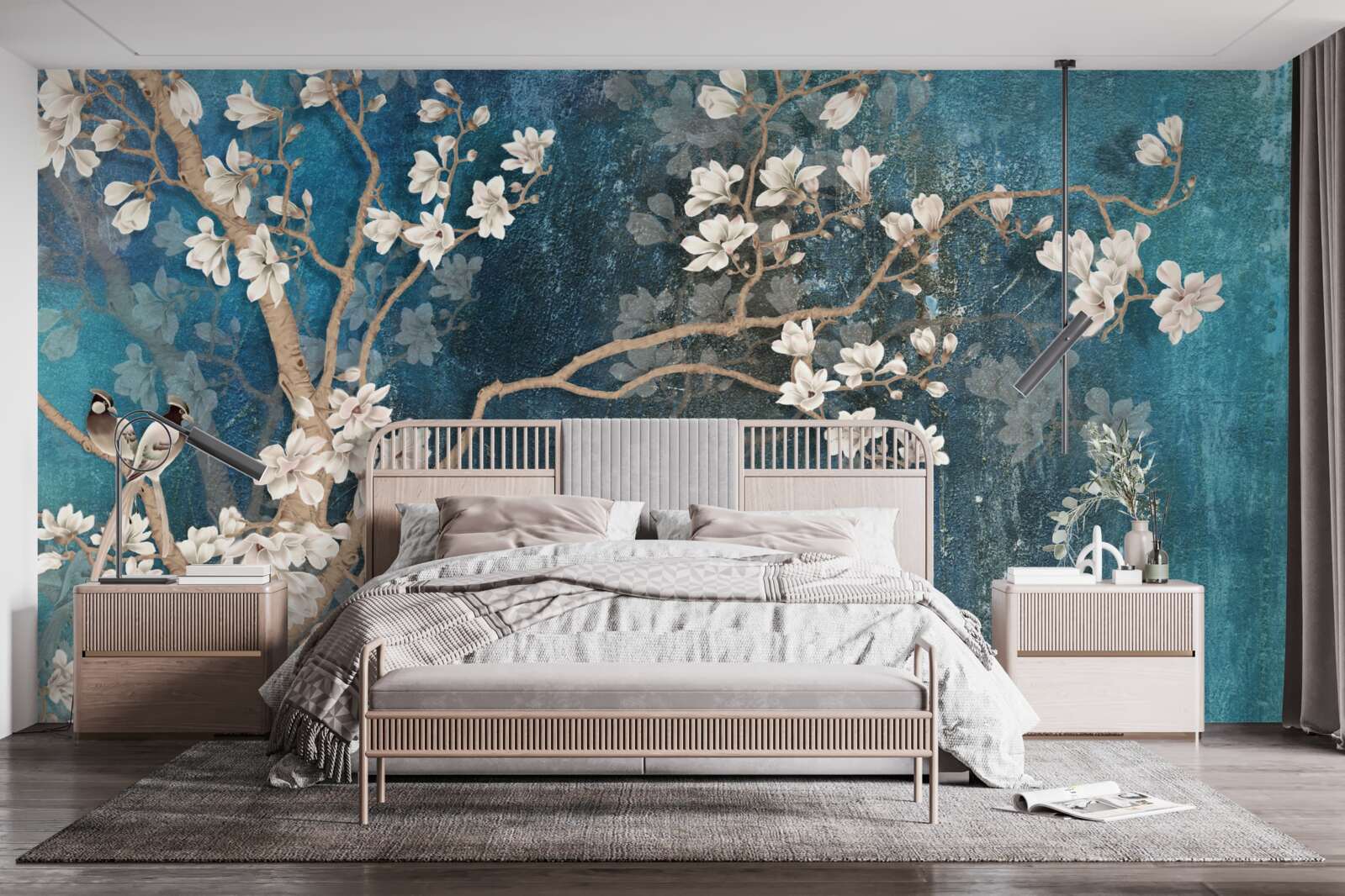 Papier peint magnolia en pleine floraison et tombée de la nuit