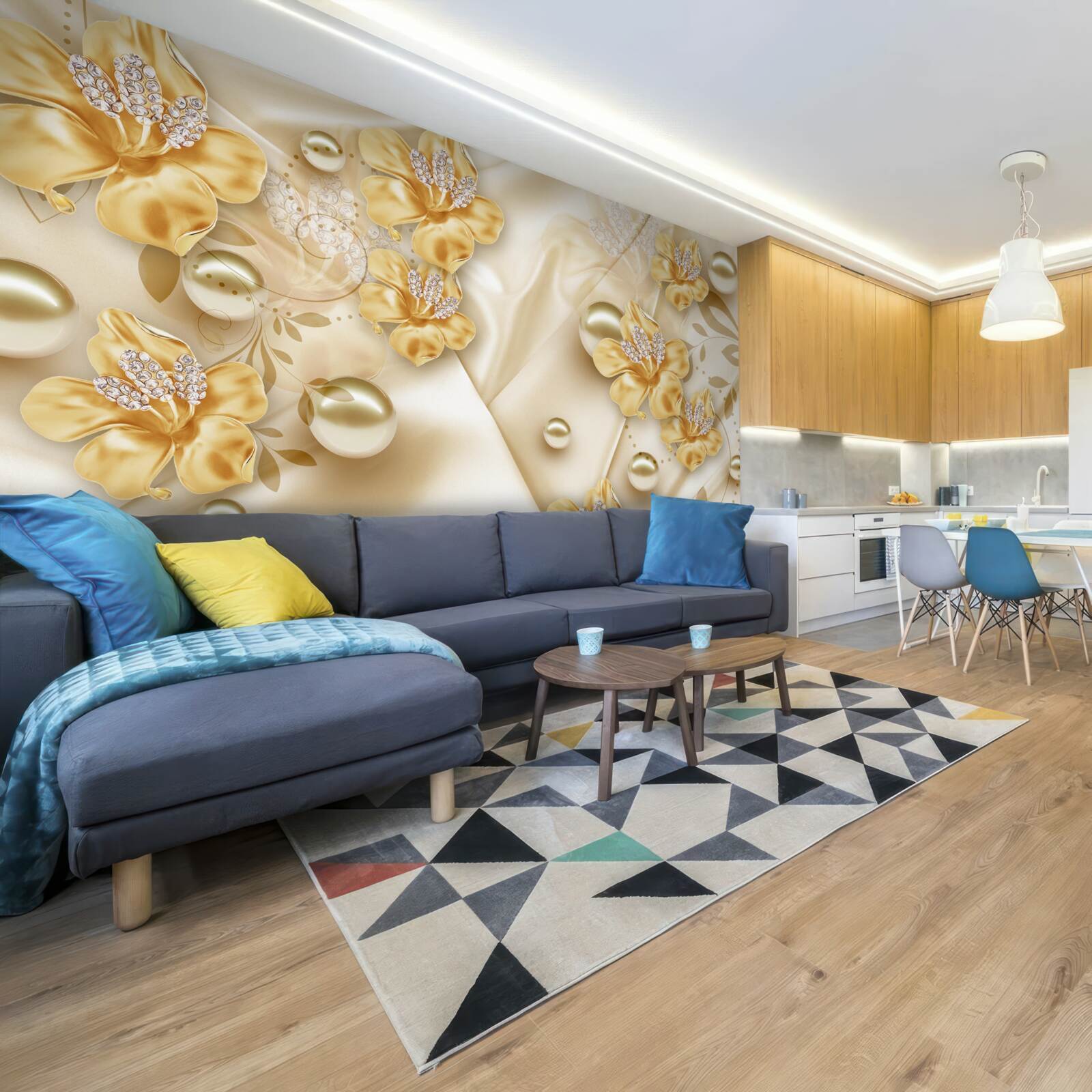 Papier peint le tissu de soie est décoré de fleurs en or et en perles