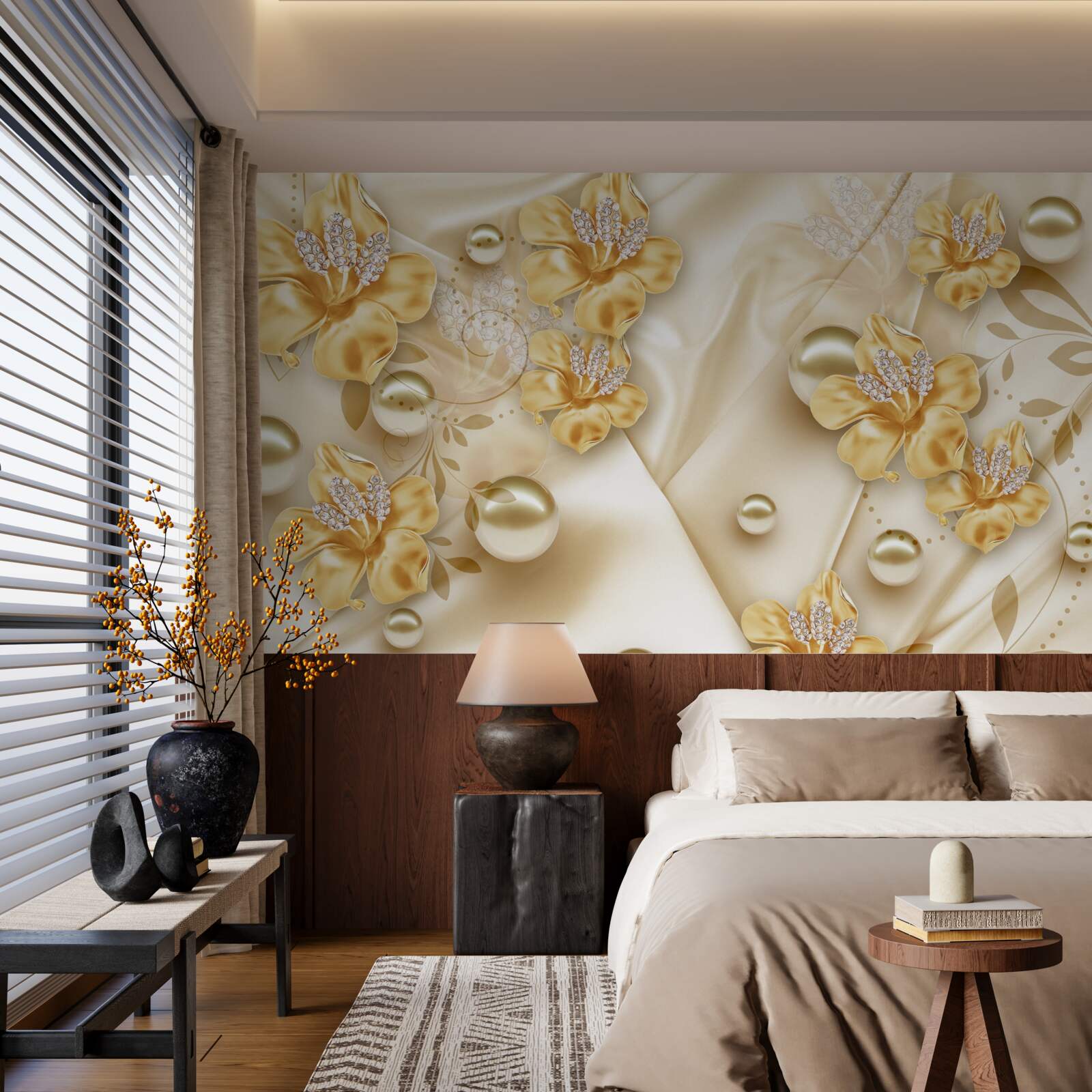 Papier peint le tissu de soie est décoré de fleurs en or et en perles