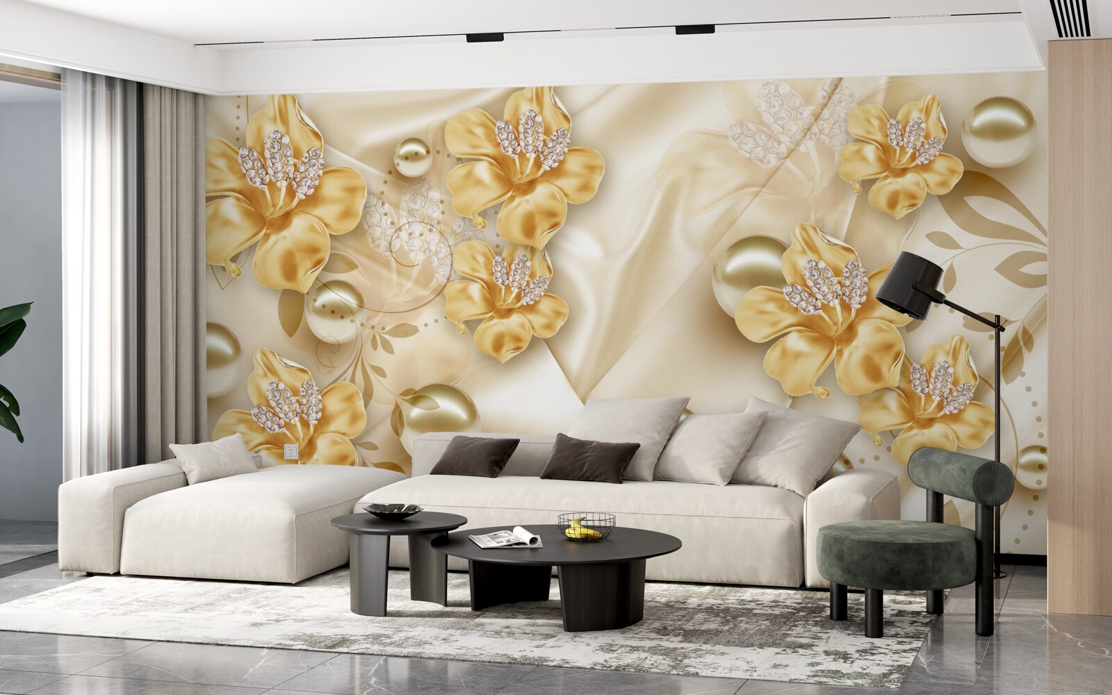 Papier peint le tissu de soie est décoré de fleurs en or et en perles