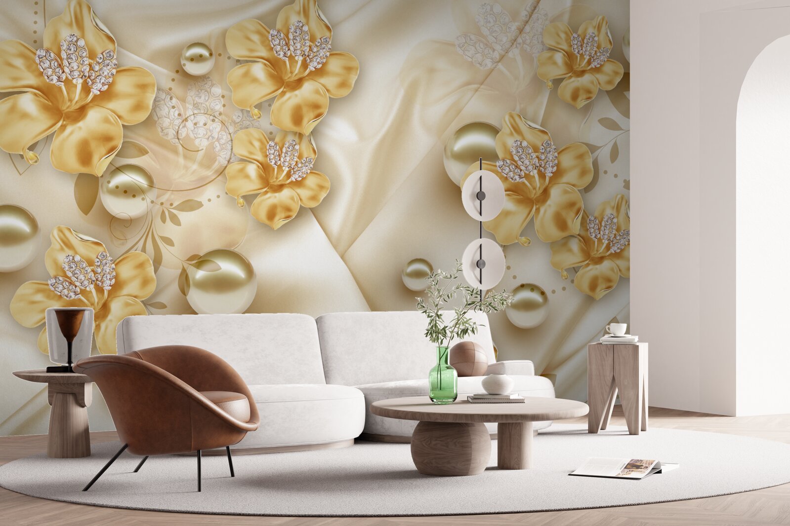 Papier peint le tissu de soie est décoré de fleurs en or et en perles