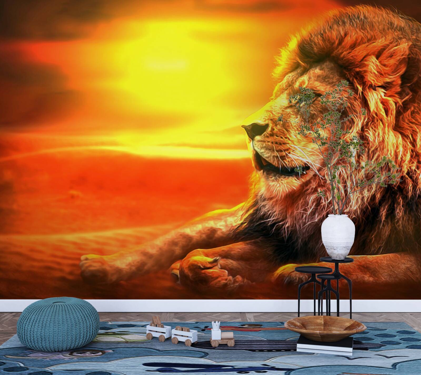 Papier peint un tigre mûr accompagne le déclin du soleil