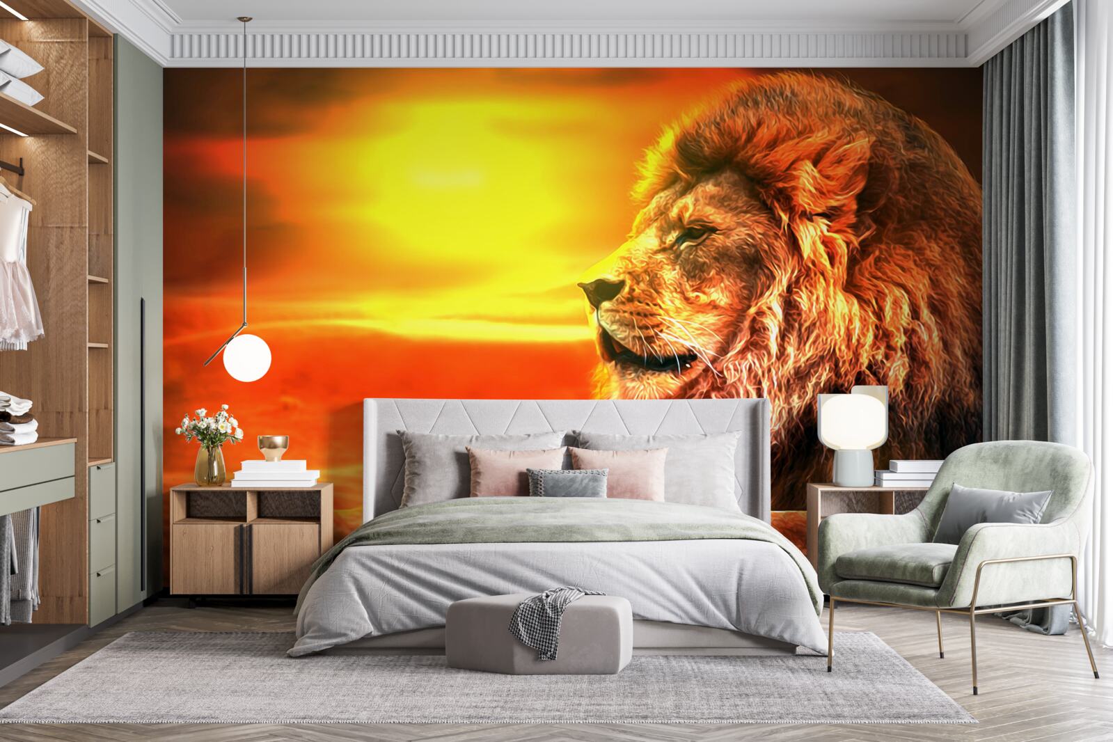 Papier peint un tigre mûr accompagne le déclin du soleil