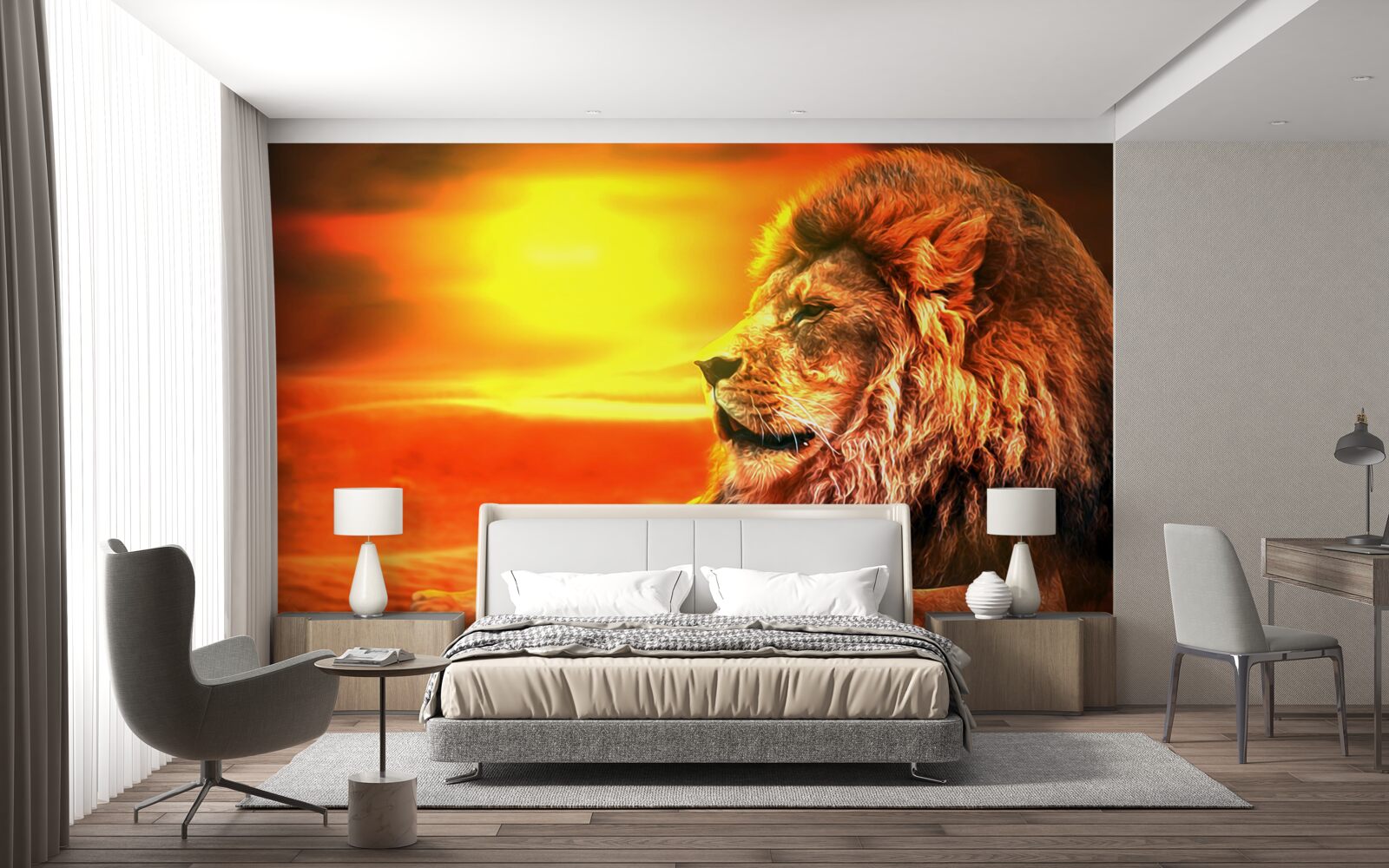 Papier peint un tigre mûr accompagne le déclin du soleil