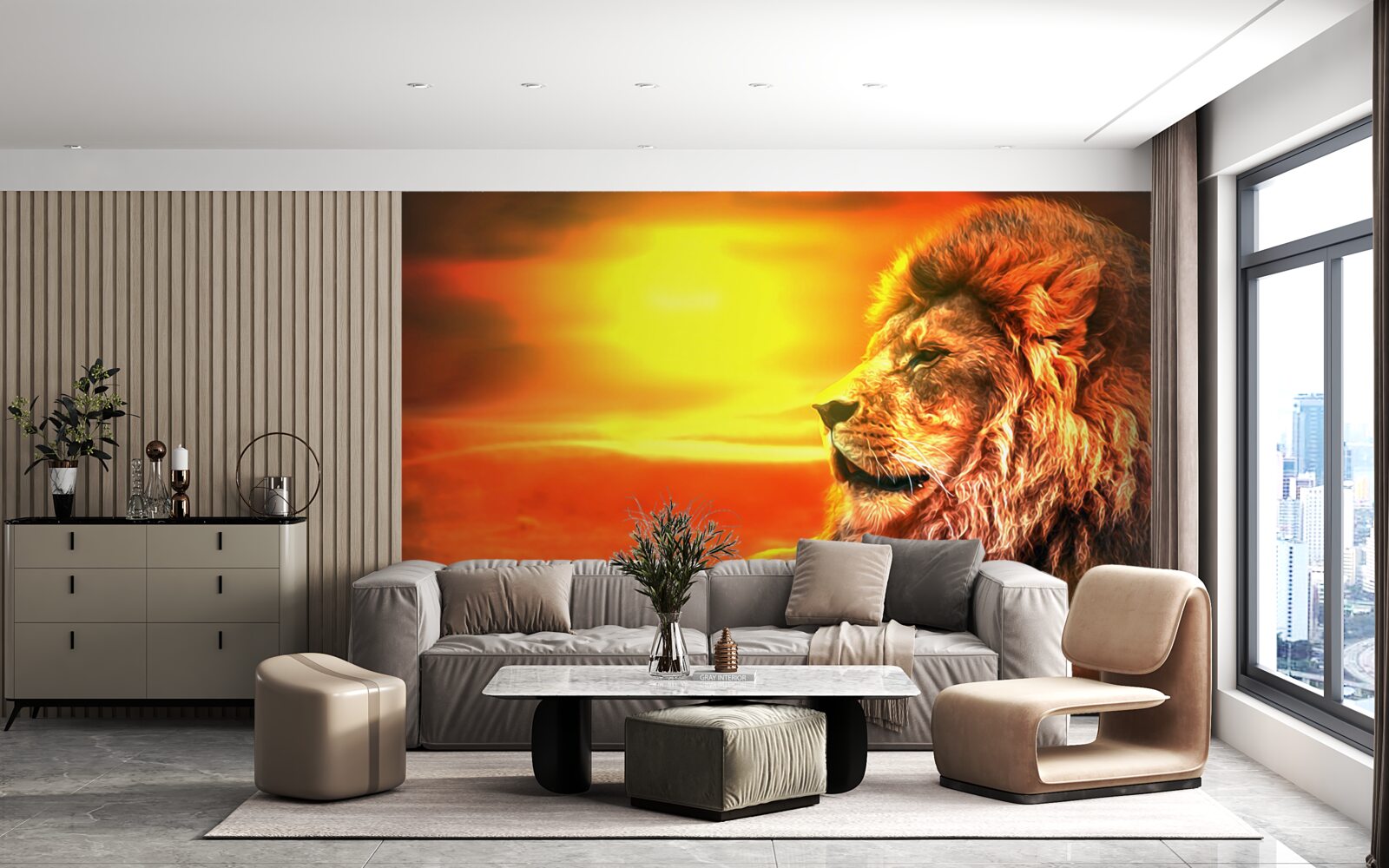 Papier peint un tigre mûr accompagne le déclin du soleil