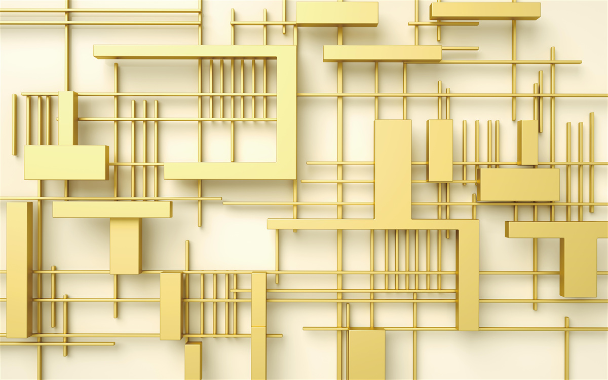 Papier peint des formes géométriques en or, placées sur une grille en or