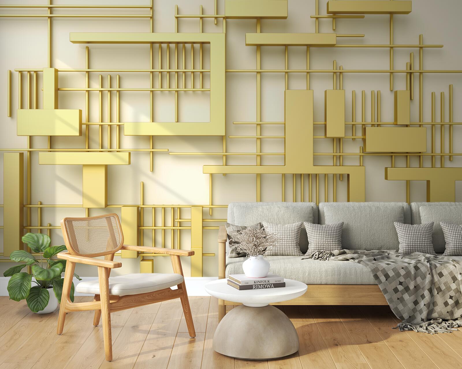 Papier peint des formes géométriques en or, placées sur une grille en or