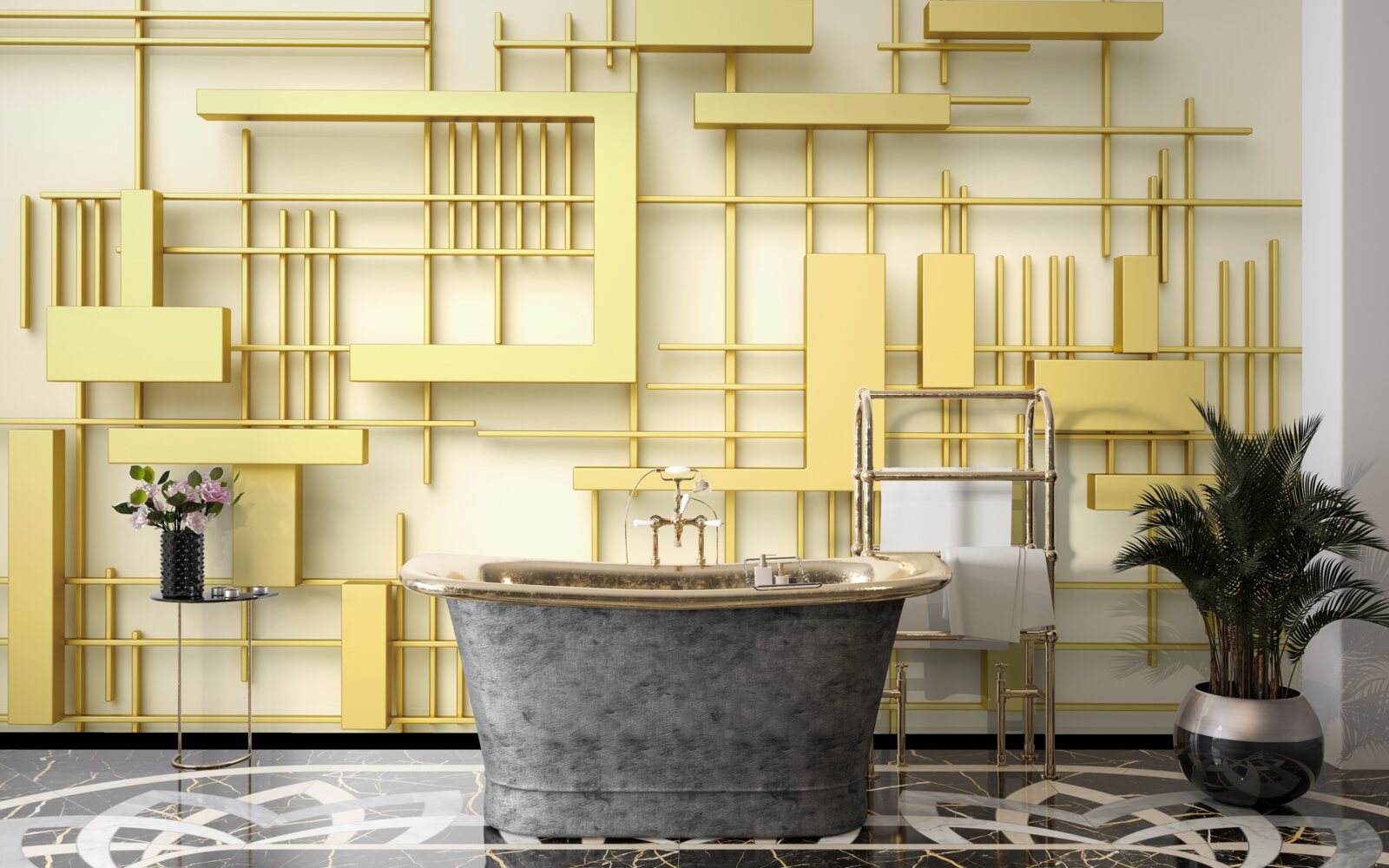 Papier peint des formes géométriques en or, placées sur une grille en or