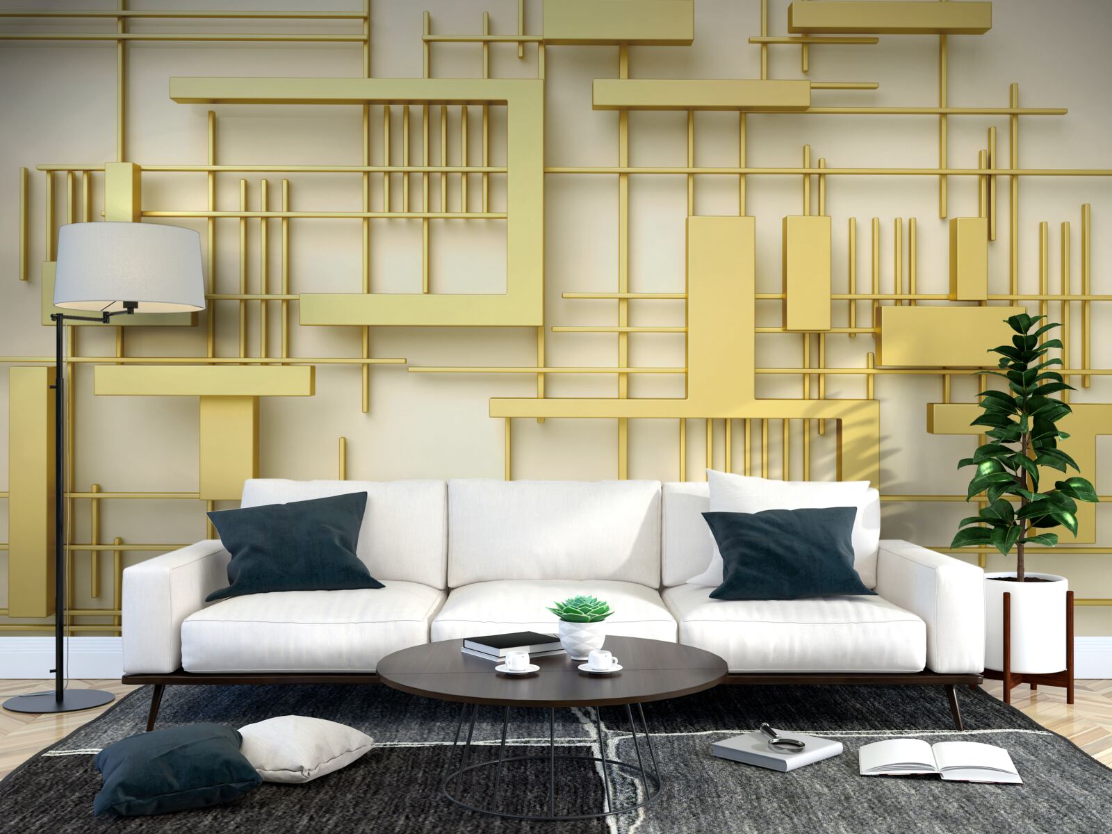 Papier peint des formes géométriques en or, placées sur une grille en or