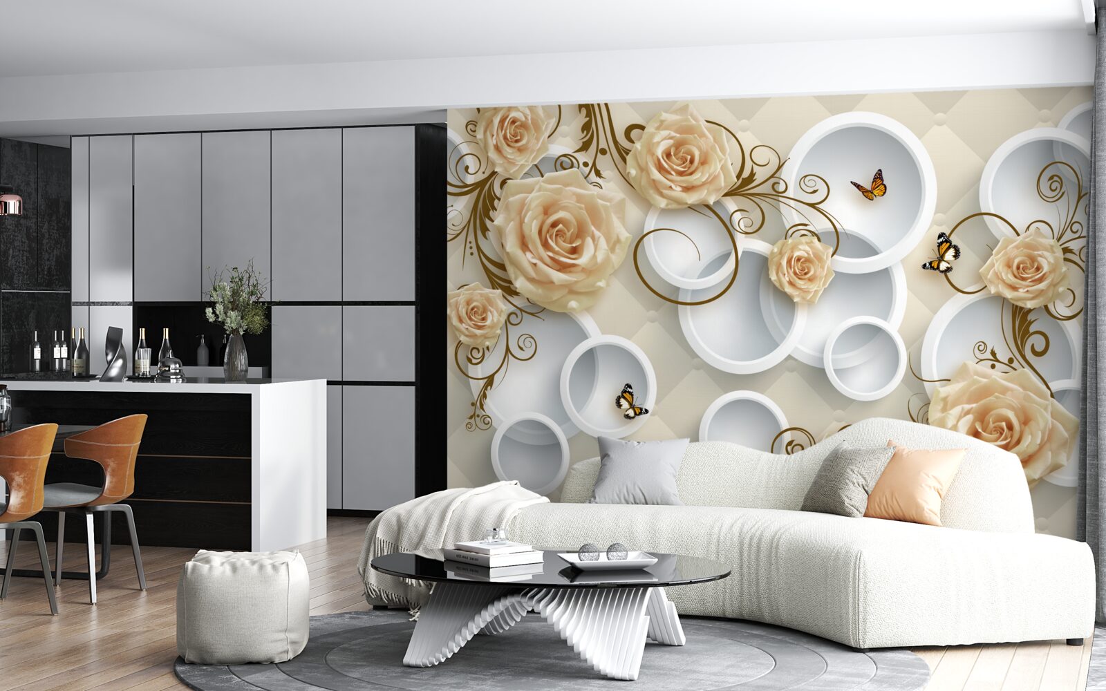 Papier peint branches avec des roses brunes sur un fond abstrait