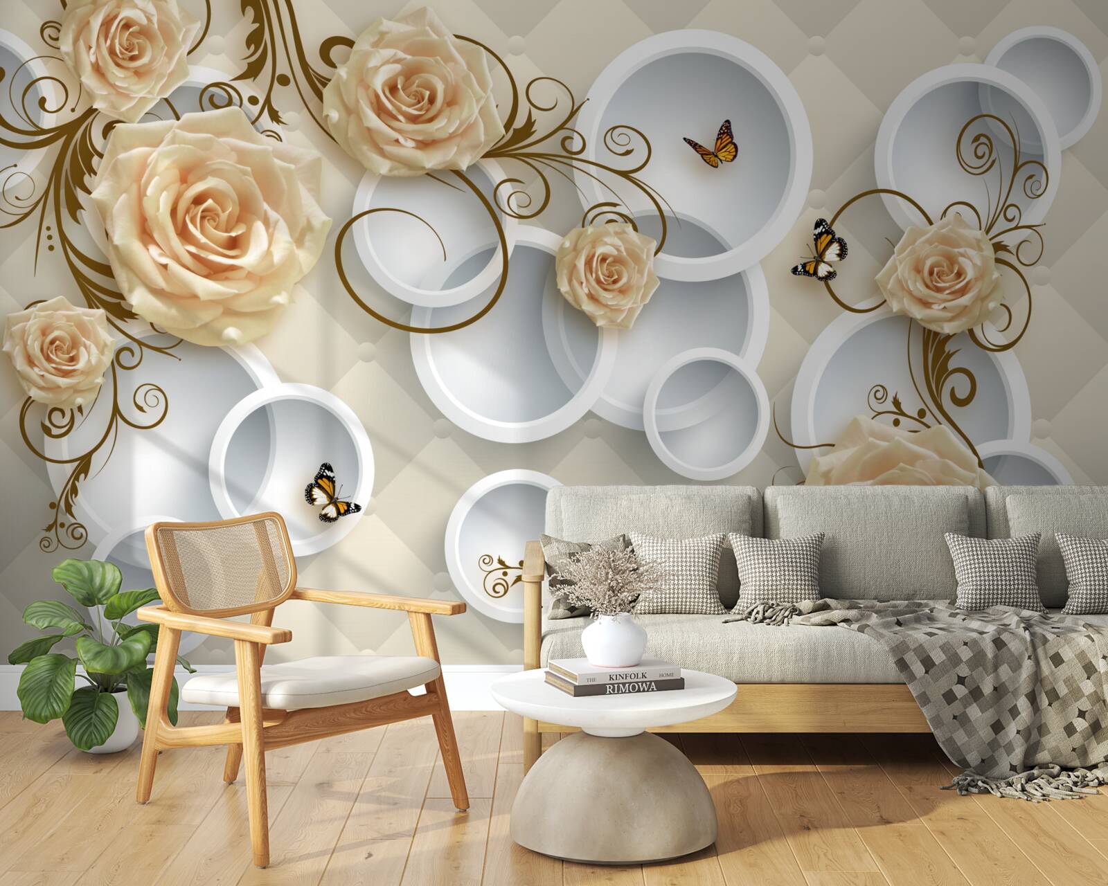 Papier peint branches avec des roses brunes sur un fond abstrait