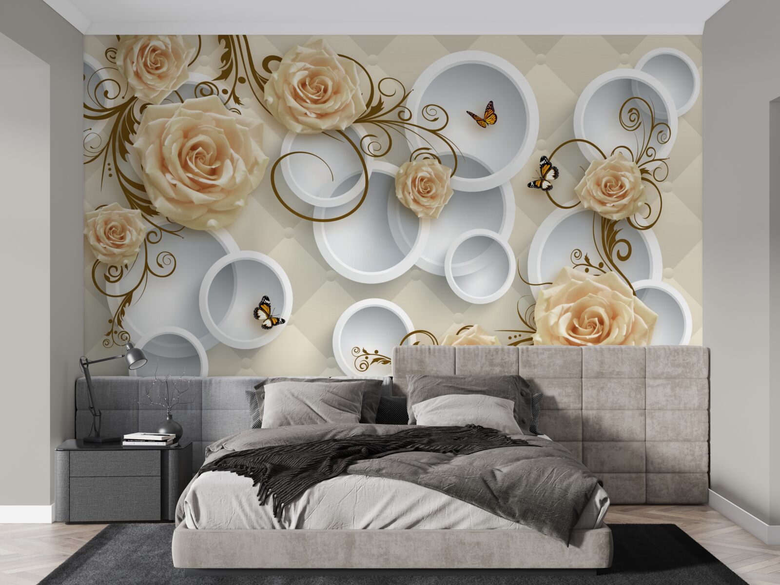 Papier peint branches avec des roses brunes sur un fond abstrait