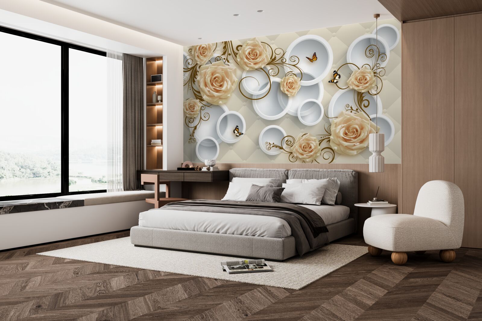 Papier peint branches avec des roses brunes sur un fond abstrait