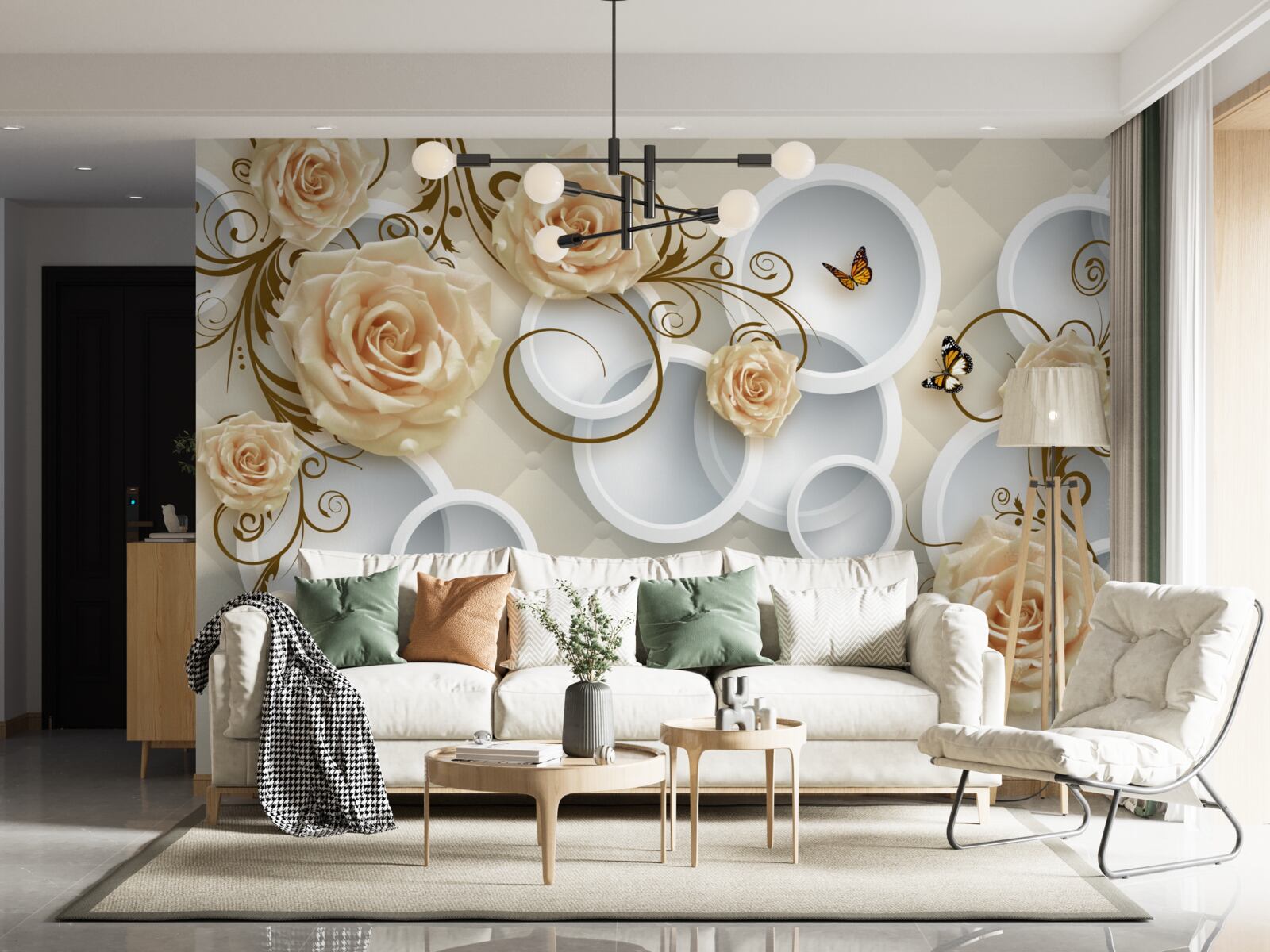 Papier peint branches avec des roses brunes sur un fond abstrait