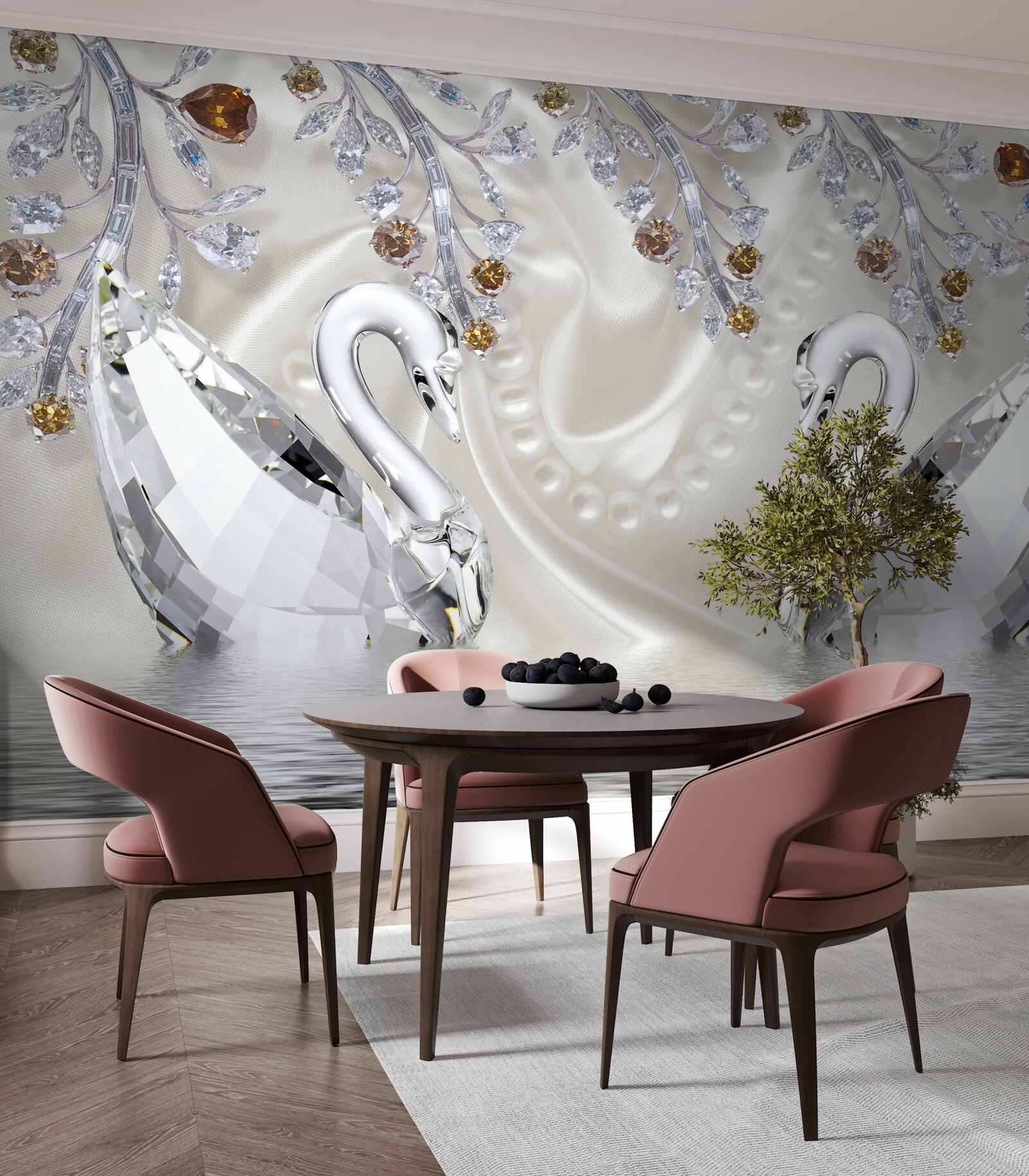 Papier peint des cygnes blancs comme neige traversent l'étang et les branches des fleurs ont une teinte dorée