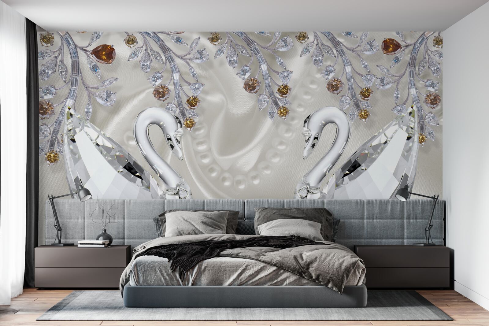 Papier peint des cygnes blancs comme neige traversent l'étang et les branches des fleurs ont une teinte dorée