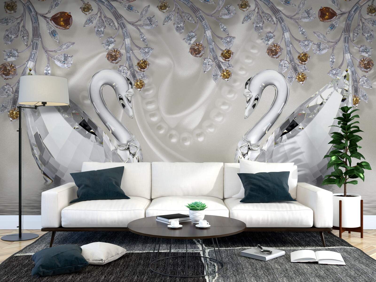 Papier peint des cygnes blancs comme neige traversent l'étang et les branches des fleurs ont une teinte dorée