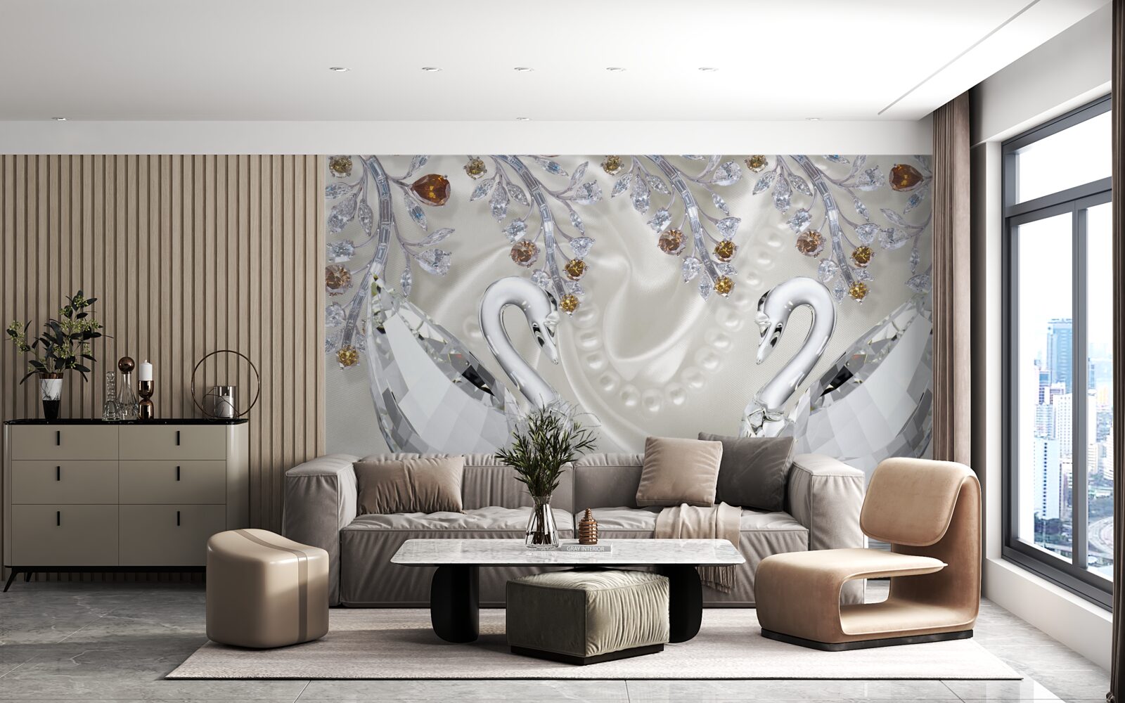 Papier peint des cygnes blancs comme neige traversent l'étang et les branches des fleurs ont une teinte dorée