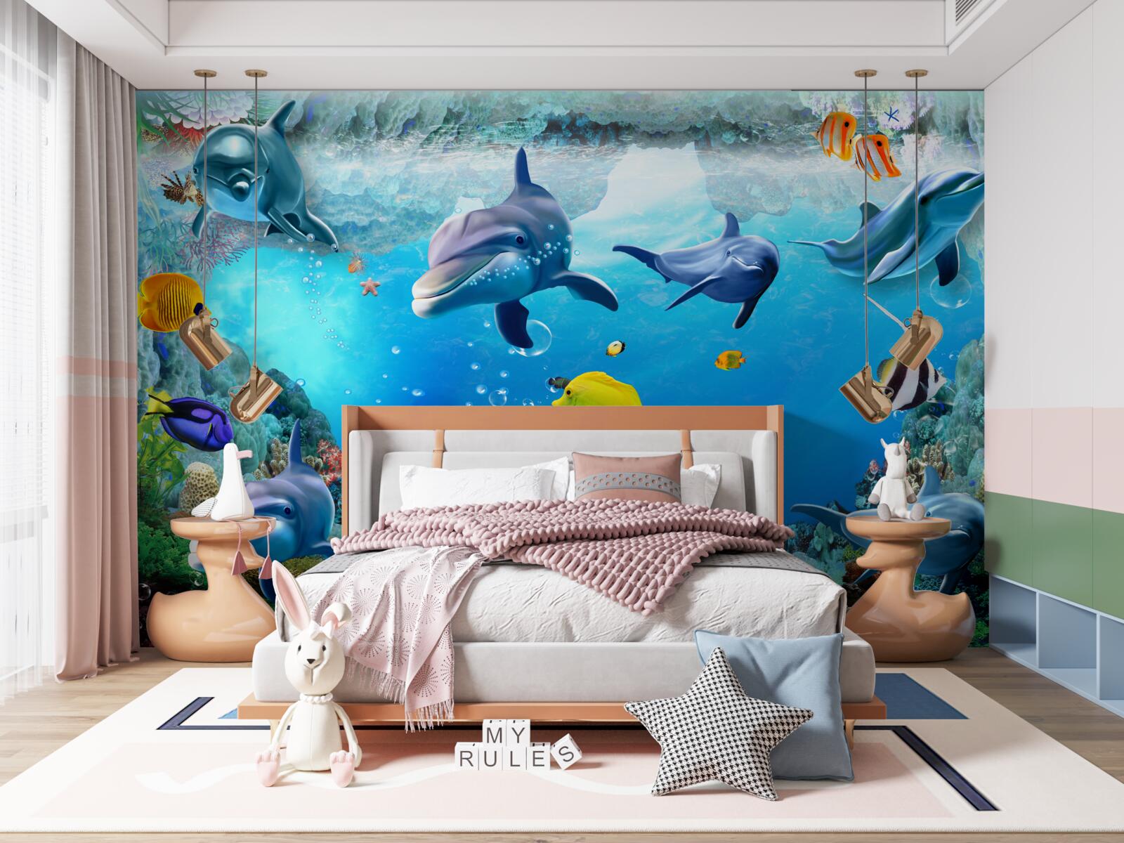 Papier peint monde sous-marin avec dauphins et poissons