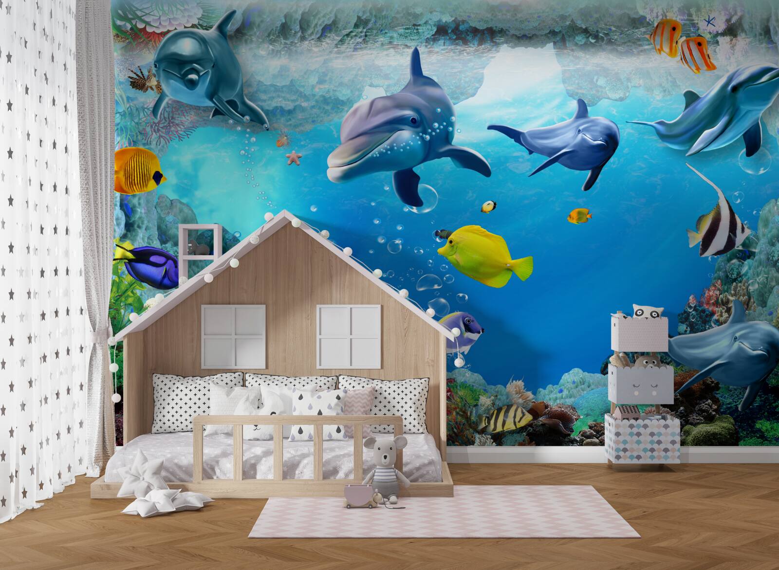 Papier peint monde sous-marin avec dauphins et poissons