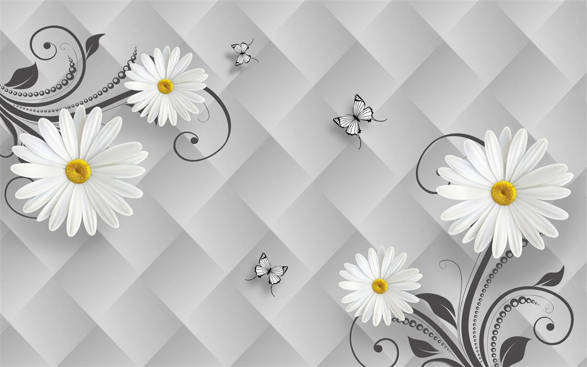 Papier peint fond abstrait décoré de marguerites et de papillons blancs