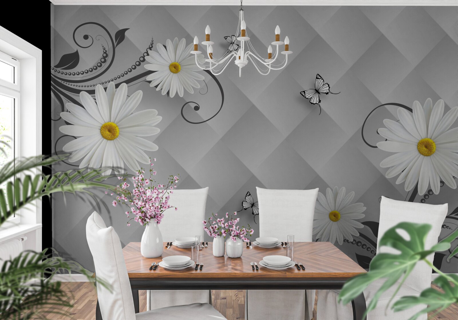 Papier peint fond abstrait décoré de marguerites et de papillons blancs