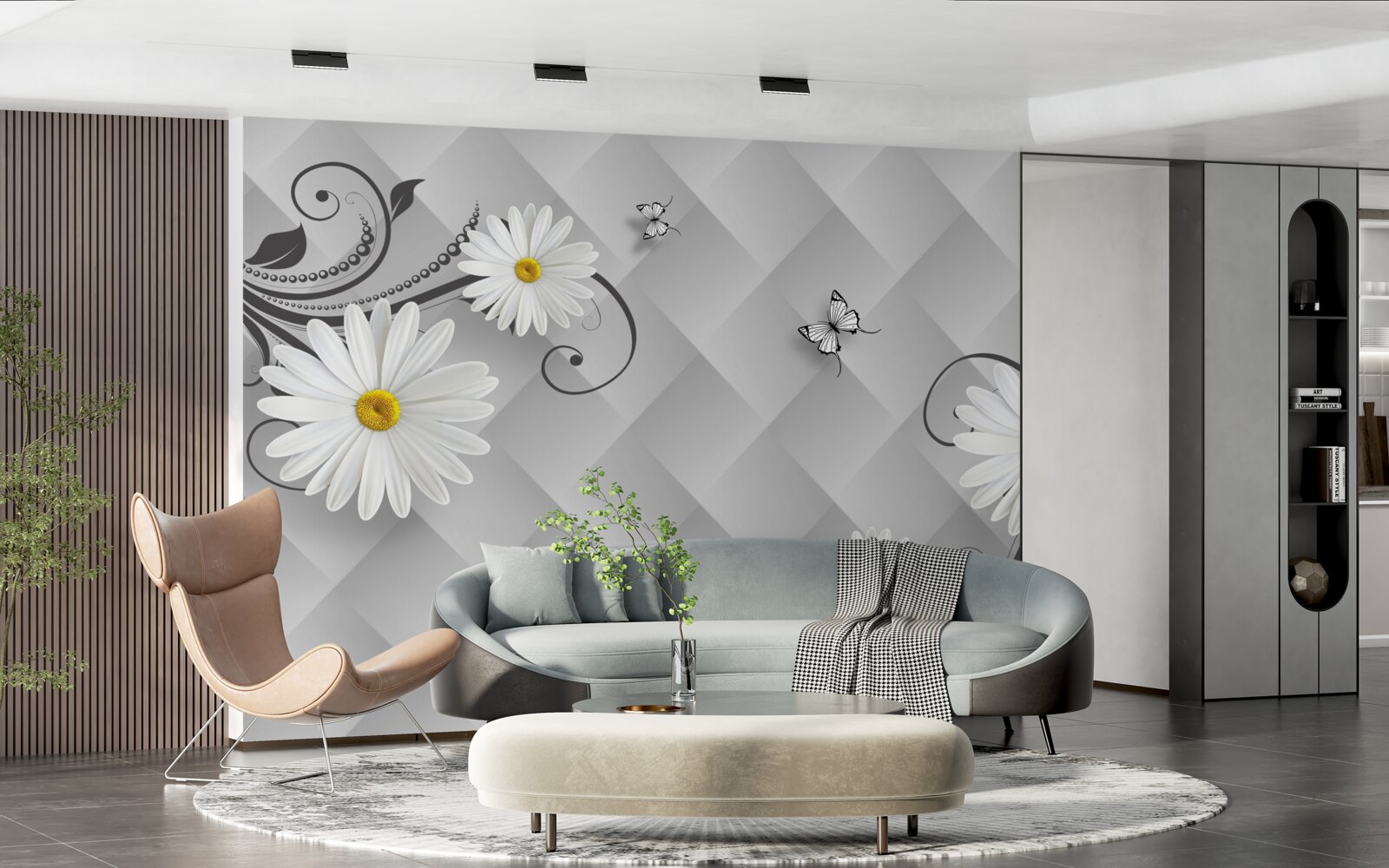 Papier peint fond abstrait décoré de marguerites et de papillons blancs