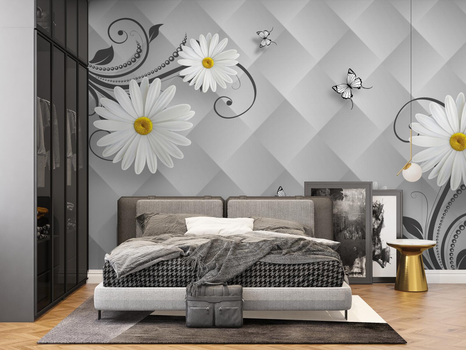 Papier peint fond abstrait décoré de marguerites et de papillons blancs