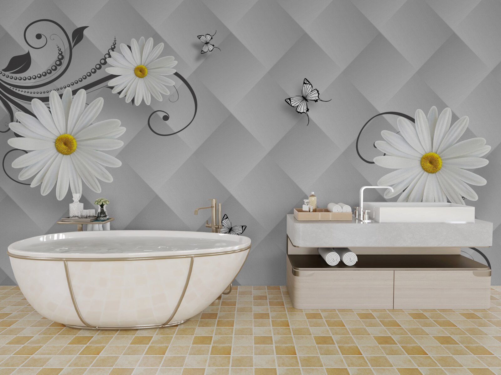 Papier peint fond abstrait décoré de marguerites et de papillons blancs