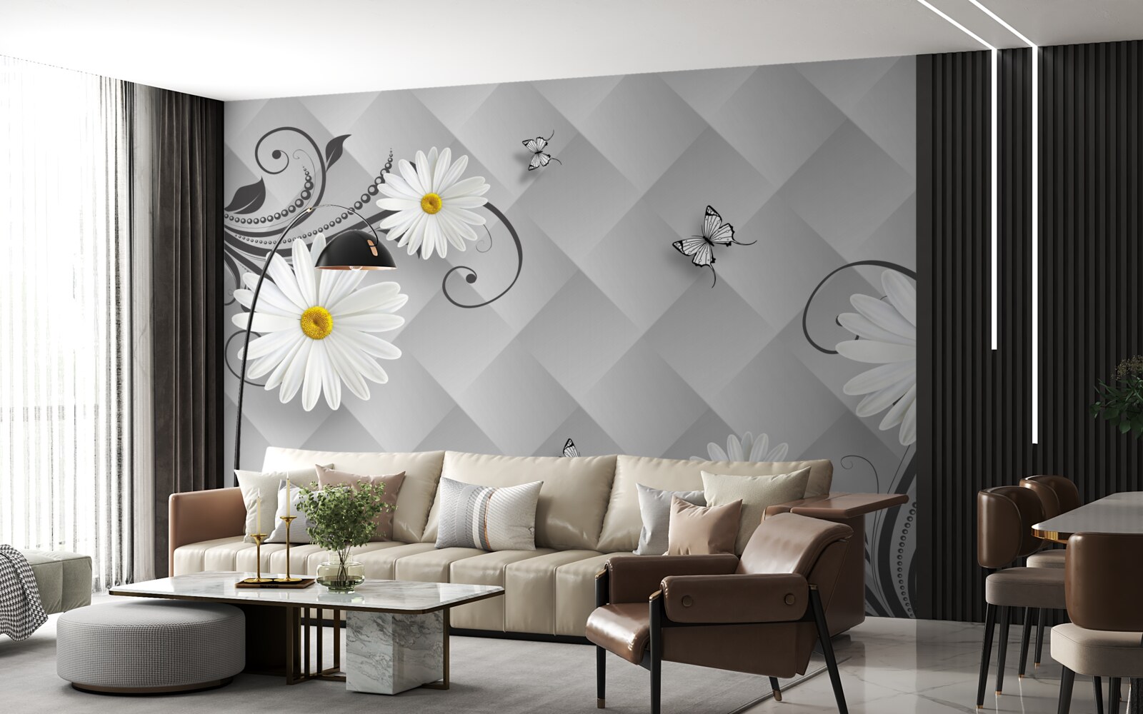 Papier peint fond abstrait décoré de marguerites et de papillons blancs