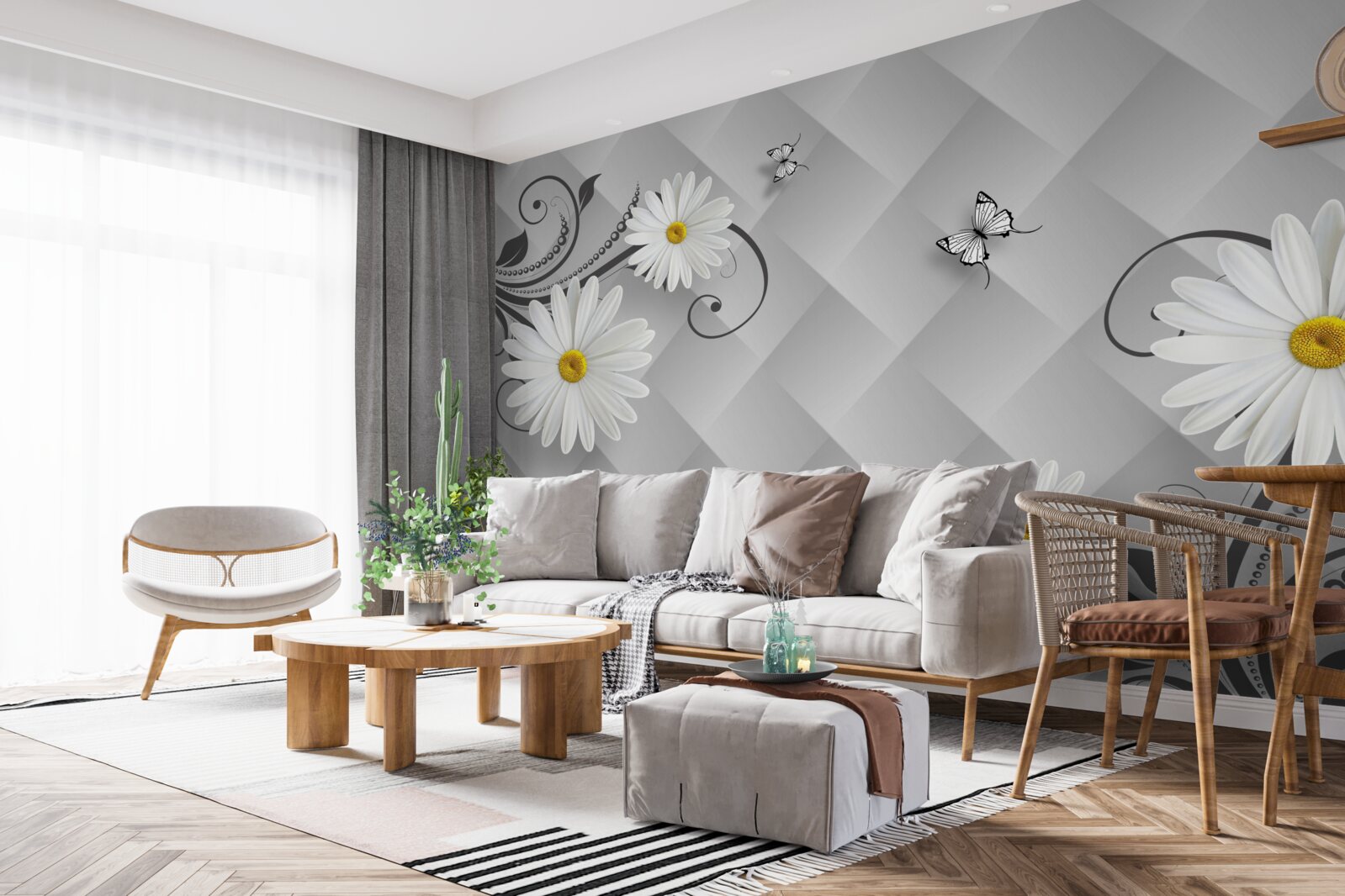 Papier peint fond abstrait décoré de marguerites et de papillons blancs