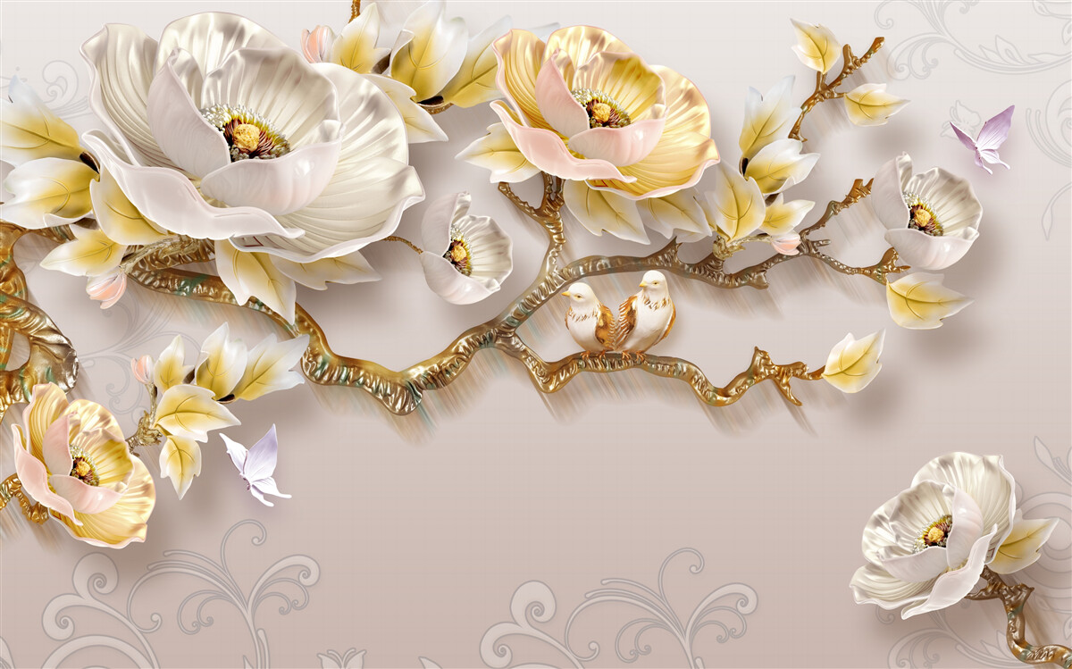 Papier peint bijoux et or en forme de branches de magnolia