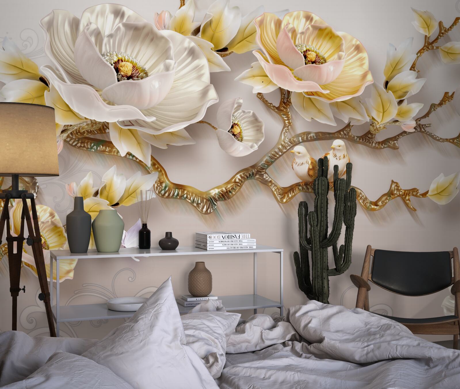 Papier peint bijoux et or en forme de branches de magnolia