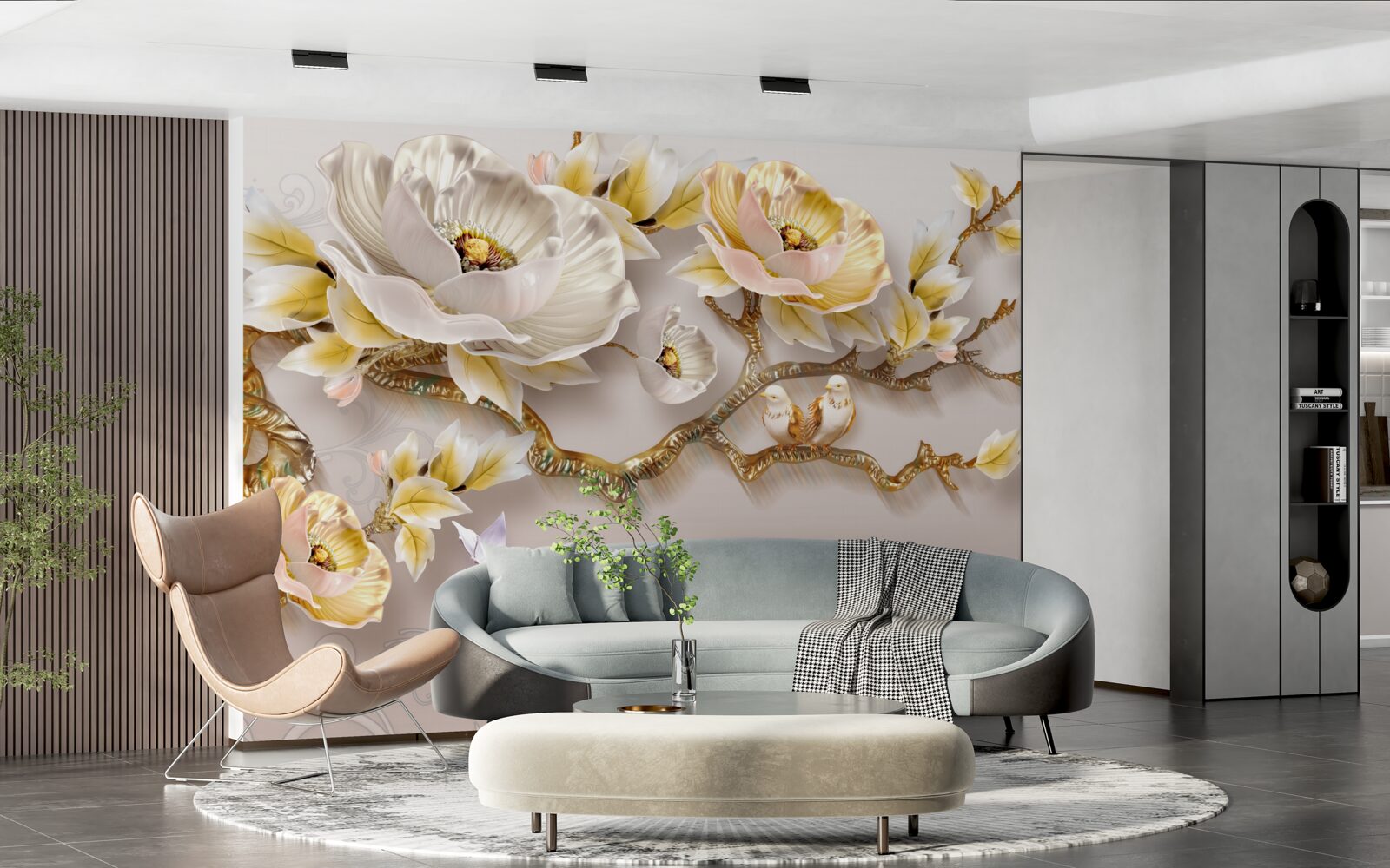 Papier peint bijoux et or en forme de branches de magnolia