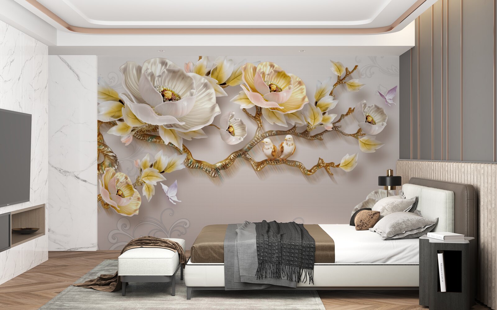 Papier peint bijoux et or en forme de branches de magnolia