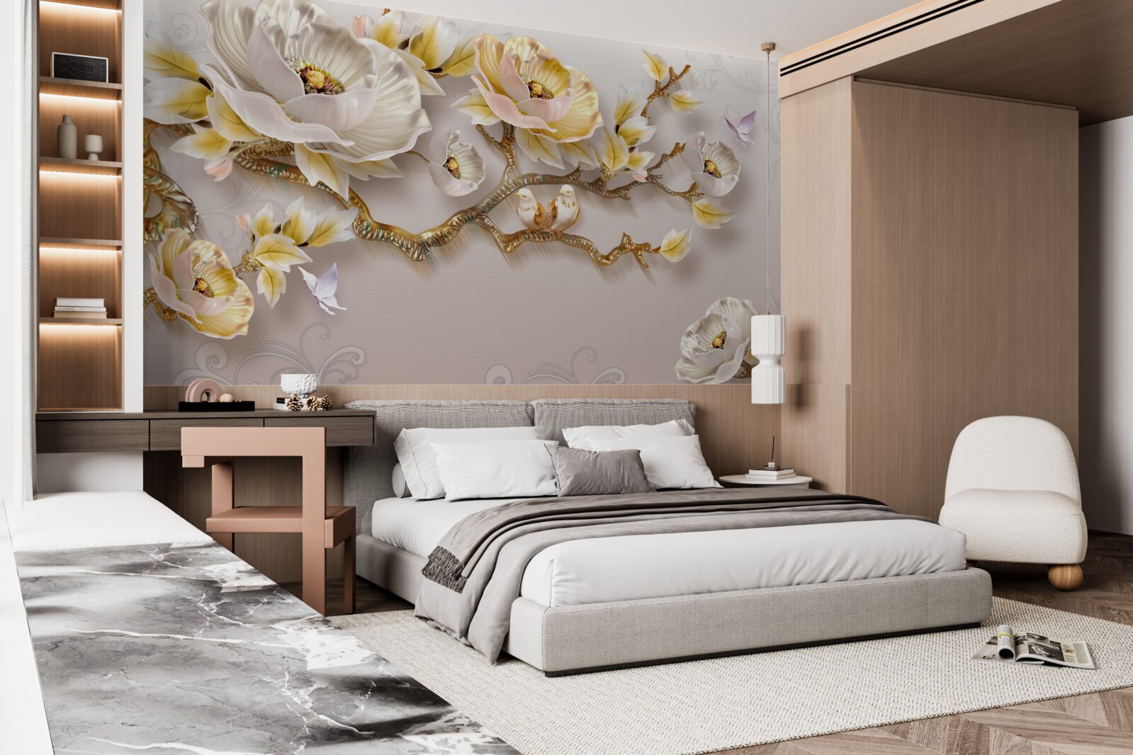 Papier peint bijoux et or en forme de branches de magnolia