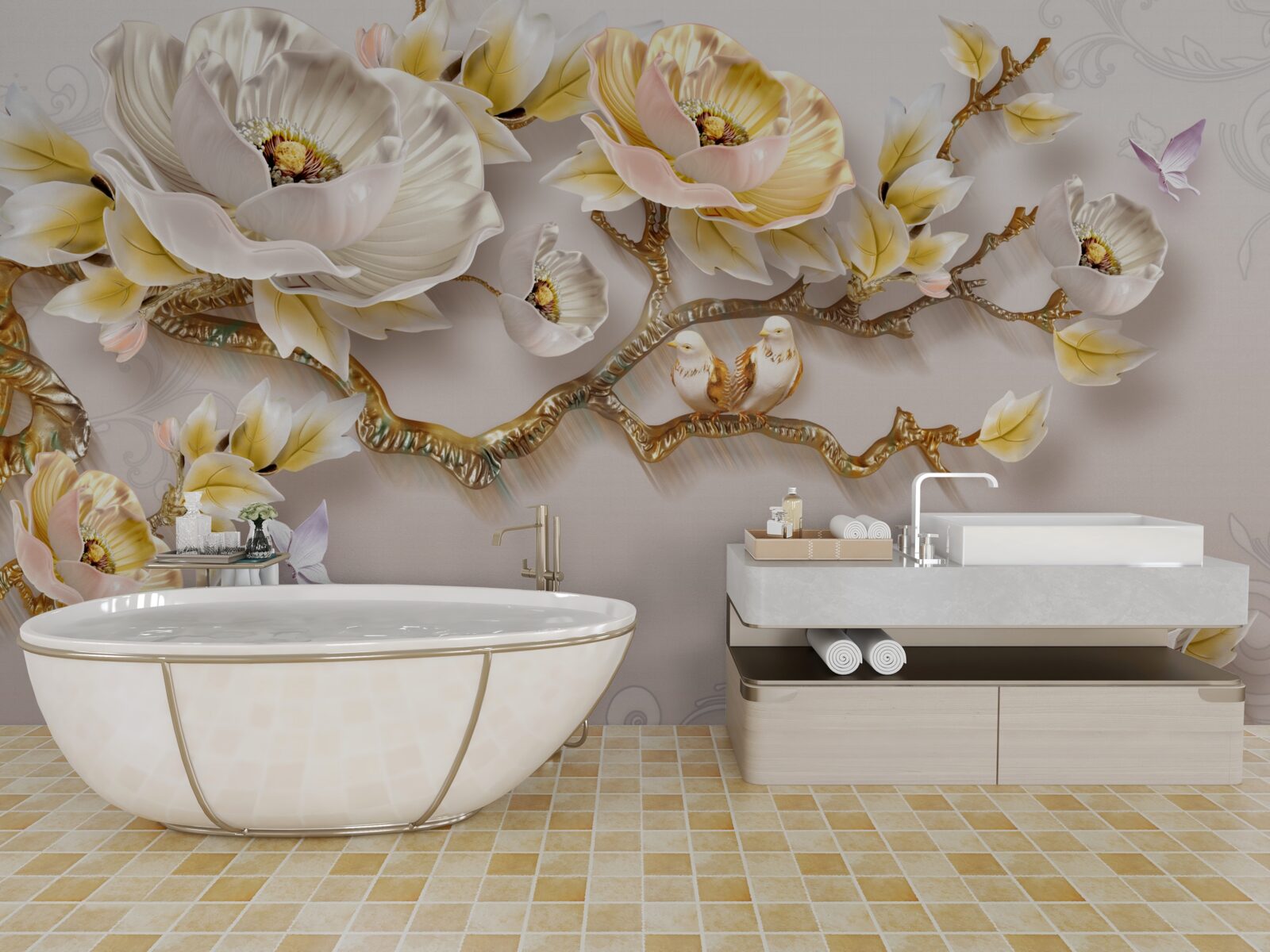 Papier peint bijoux et or en forme de branches de magnolia