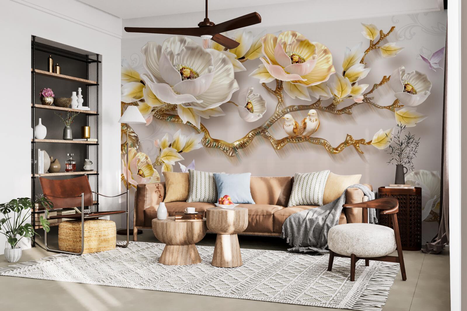 Papier peint bijoux et or en forme de branches de magnolia