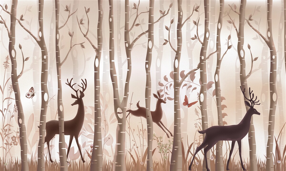 Papier peint la forêt élancée est un lieu de promenade pour les cerfs