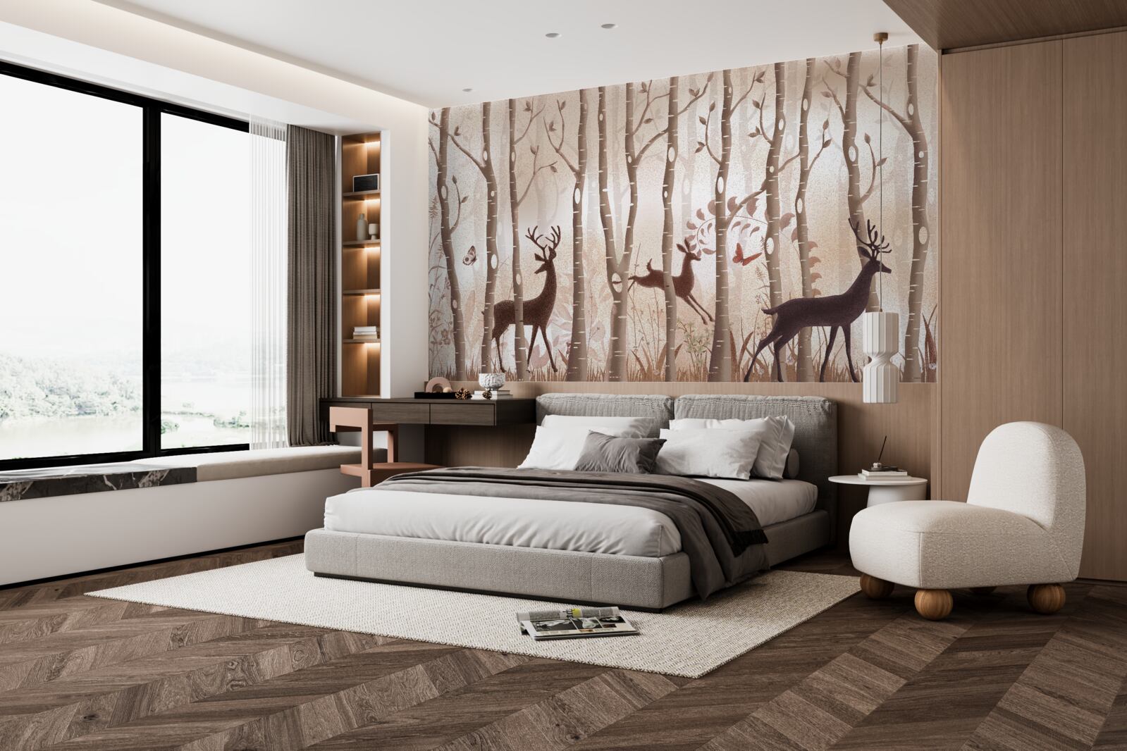 Papier peint la forêt élancée est un lieu de promenade pour les cerfs