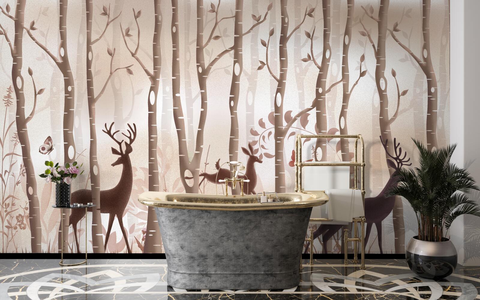 Papier peint la forêt élancée est un lieu de promenade pour les cerfs