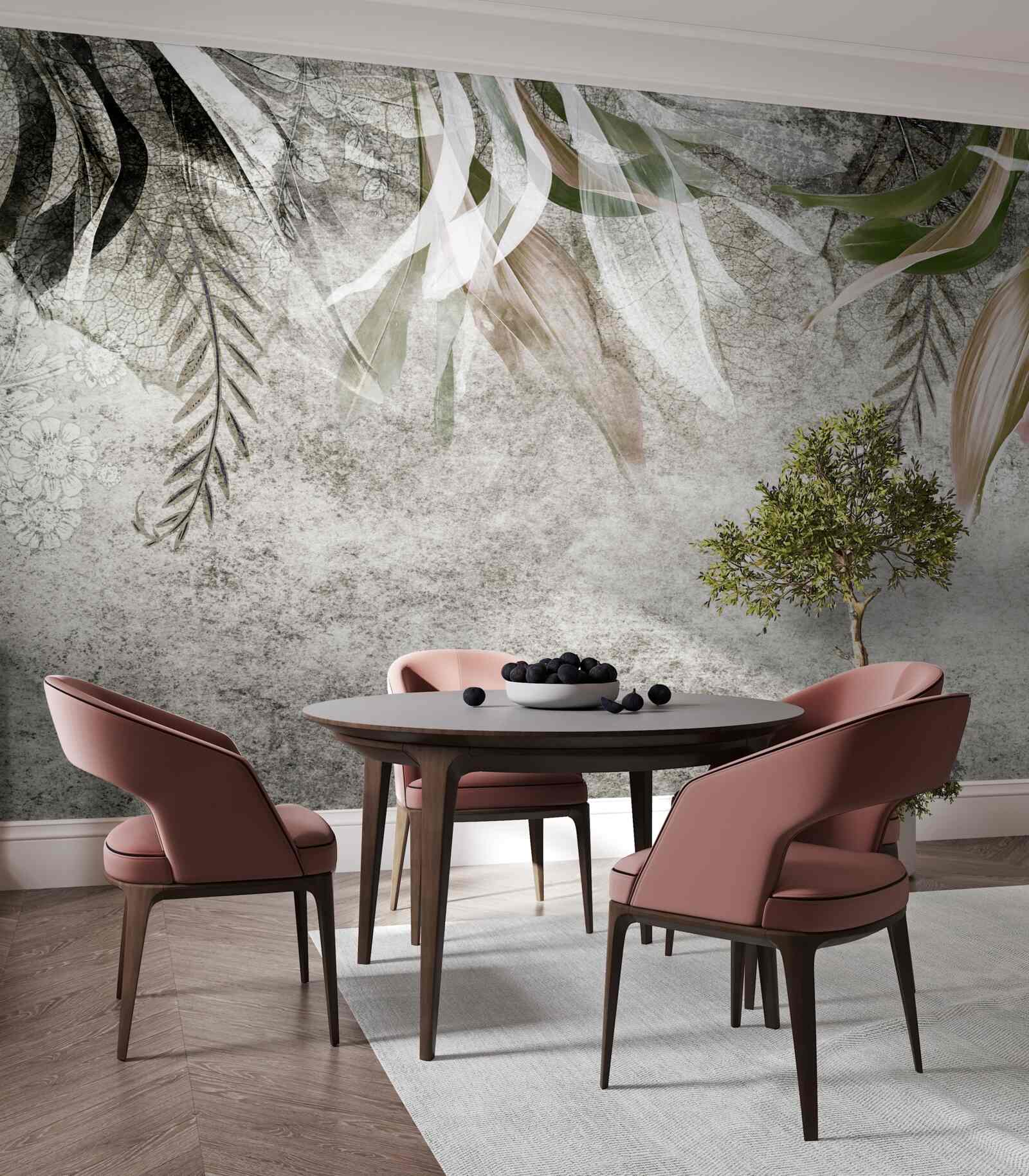 Papier peint fleurs et feuilles suspendues