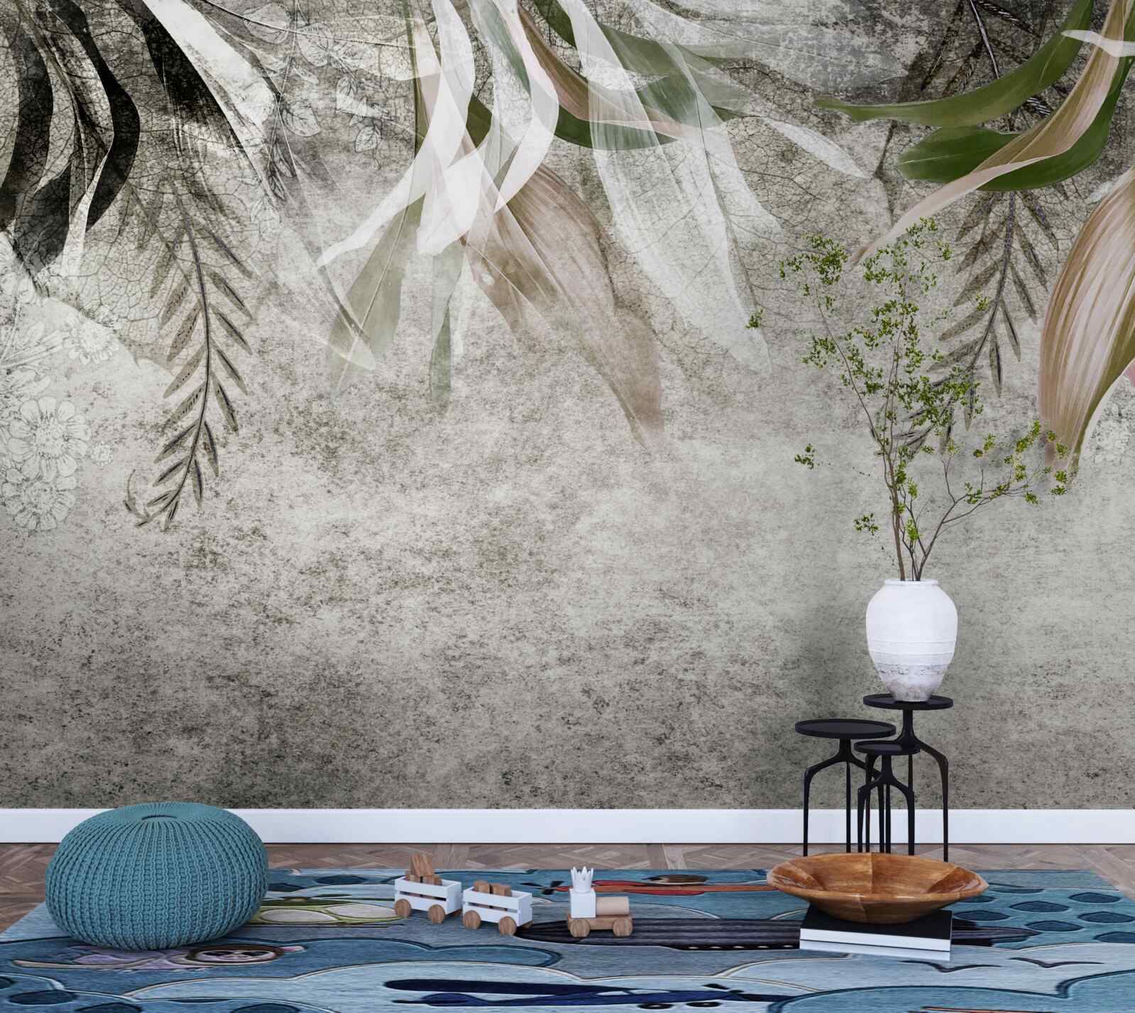 Papier peint fleurs et feuilles suspendues